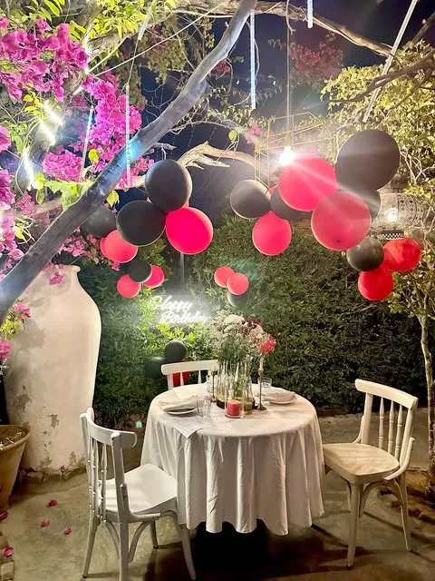 The garden at night with fairy lights and a dressed table